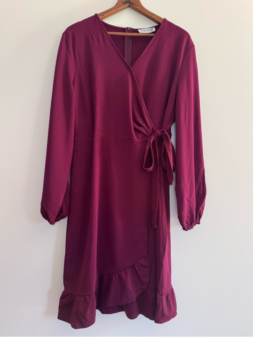 Kate Kasin Maroon Wrap Style Stretch Jersey Dress Ruffle Hem Large NWT